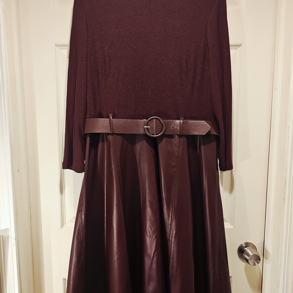 Burgundy Belted Midi Pleather Skirt Dress